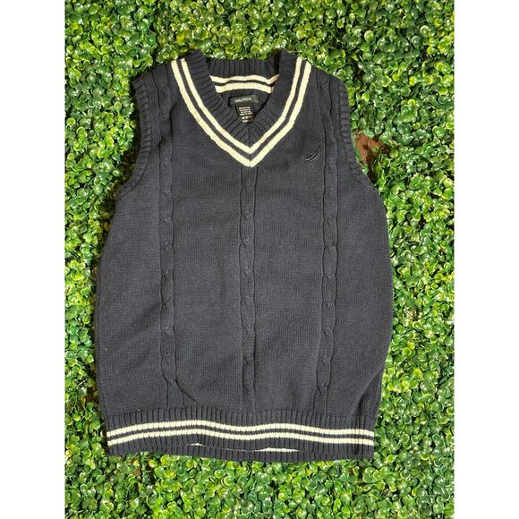 Preppy Nautica Chunky Knit Blue and White Vest Size Medium - Picture 1 of 3